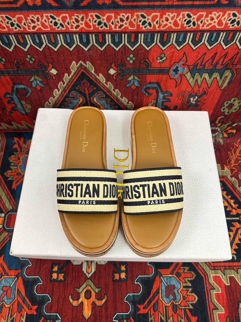 Natural Raffia & Black Embroidered DD Platform Slide