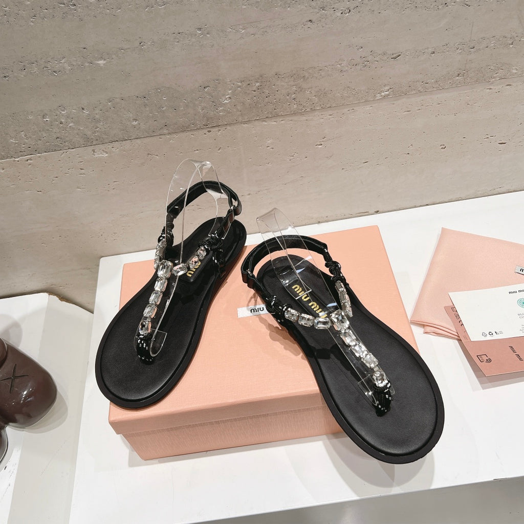 Crystal/Black Cotton Cord Thong Sandals