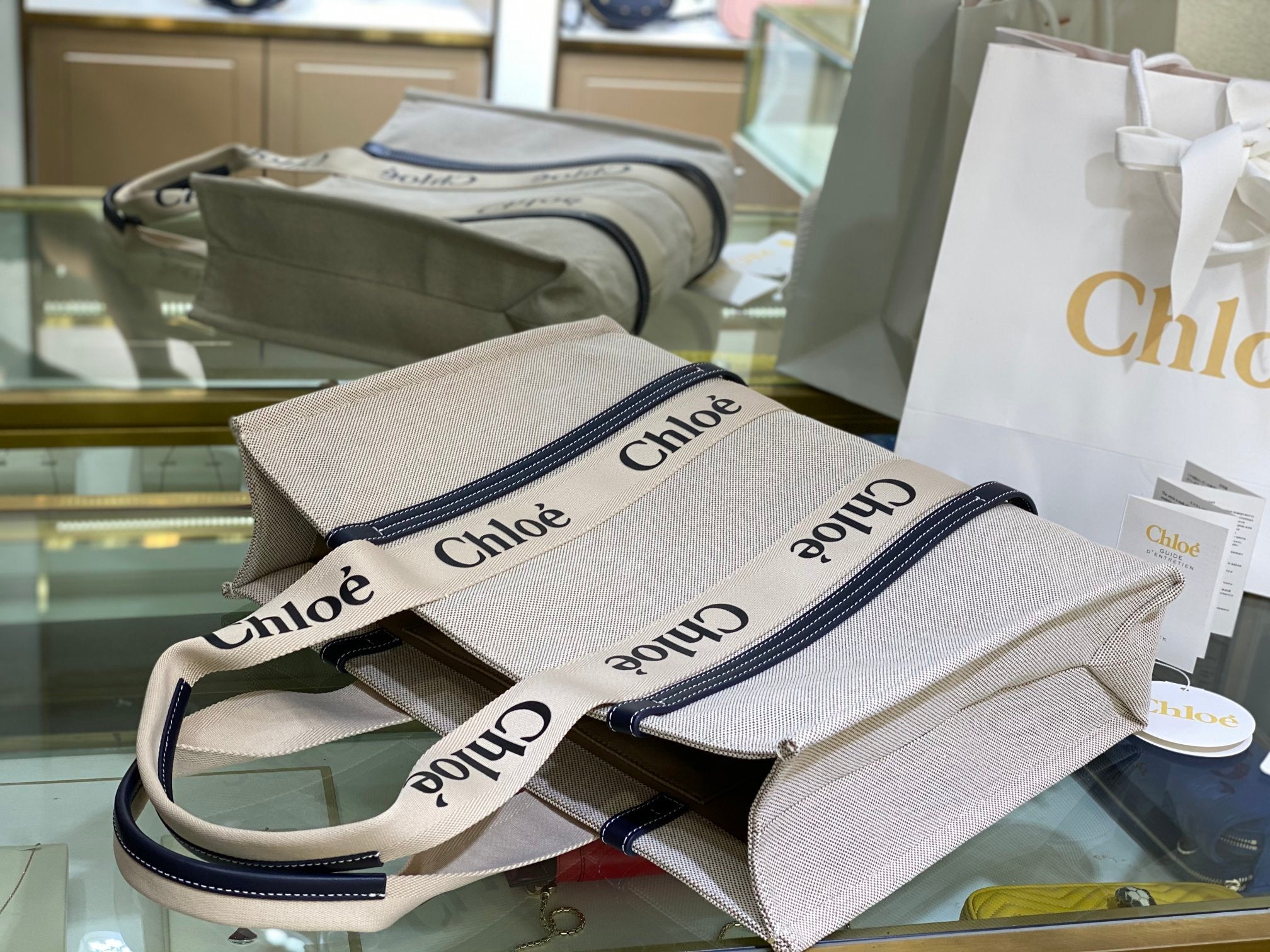 CW large navy leather-trimmed cotton-canvas tote