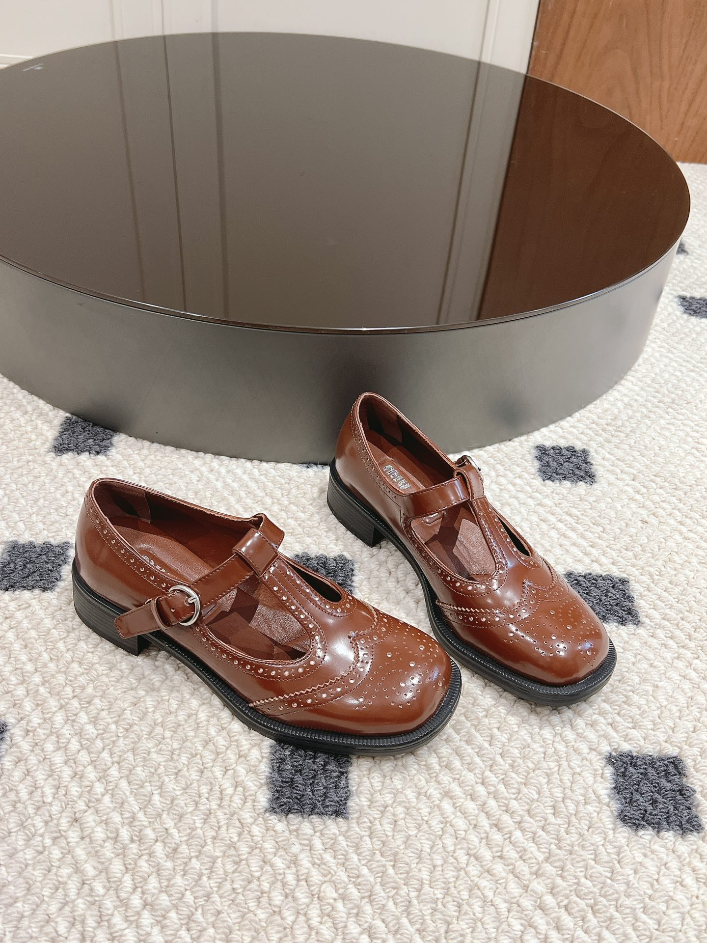 Tobacco Brushed Leather T-Strap Brogue Shoes