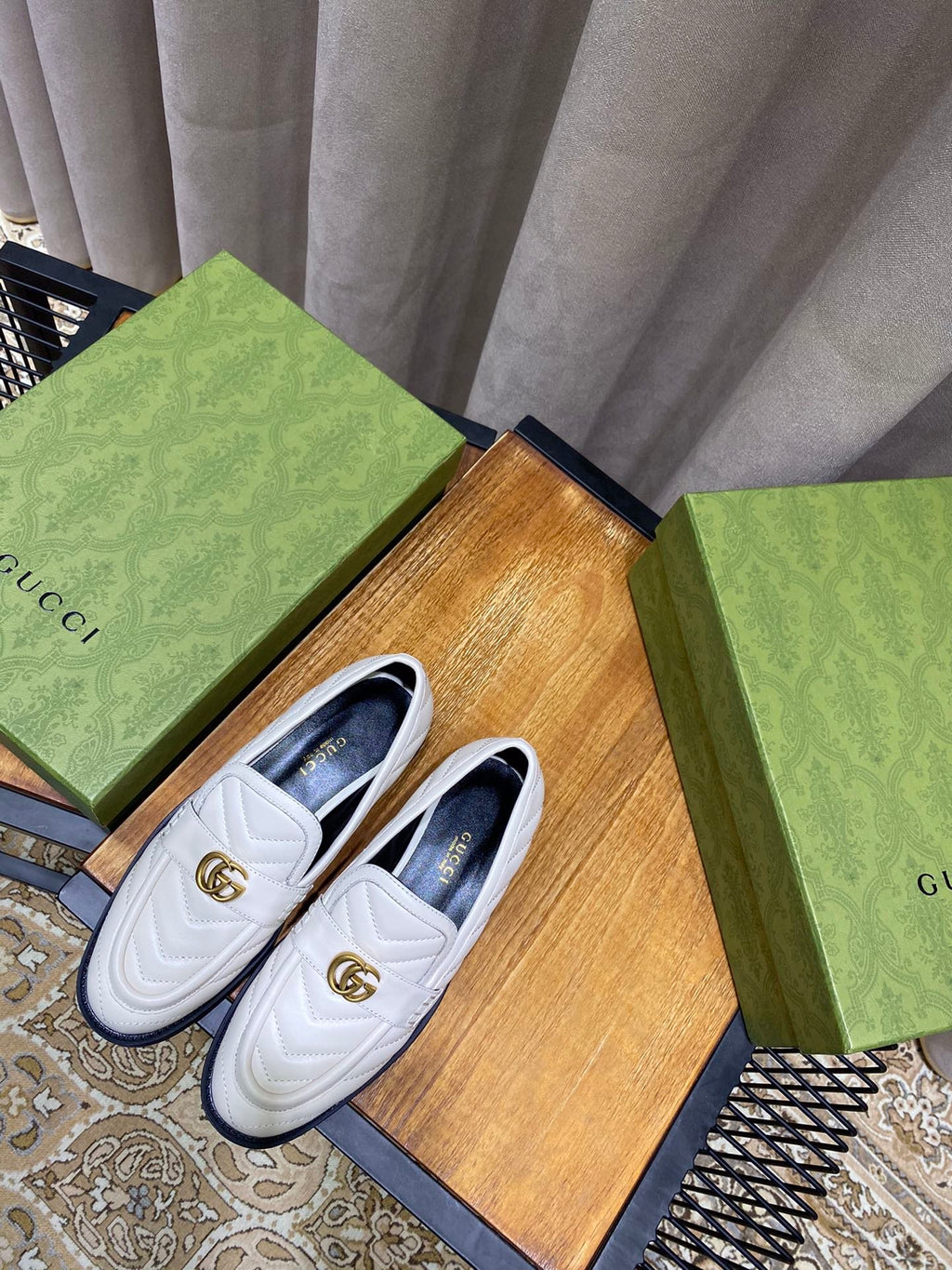 White chevron matelassé loafer