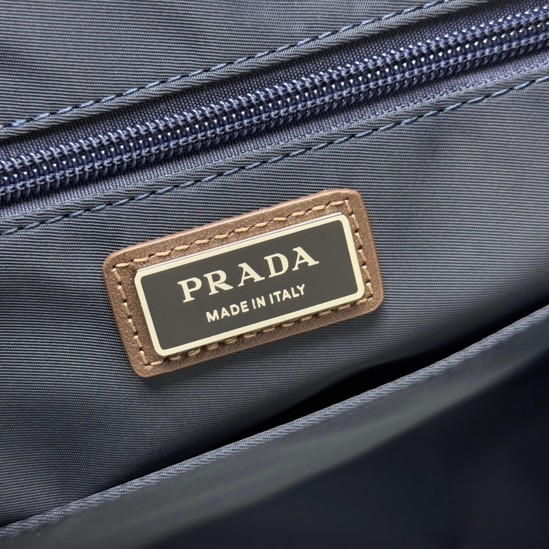 Blue/Coffee Large Re-Nylon & Leather Shoulder Bag