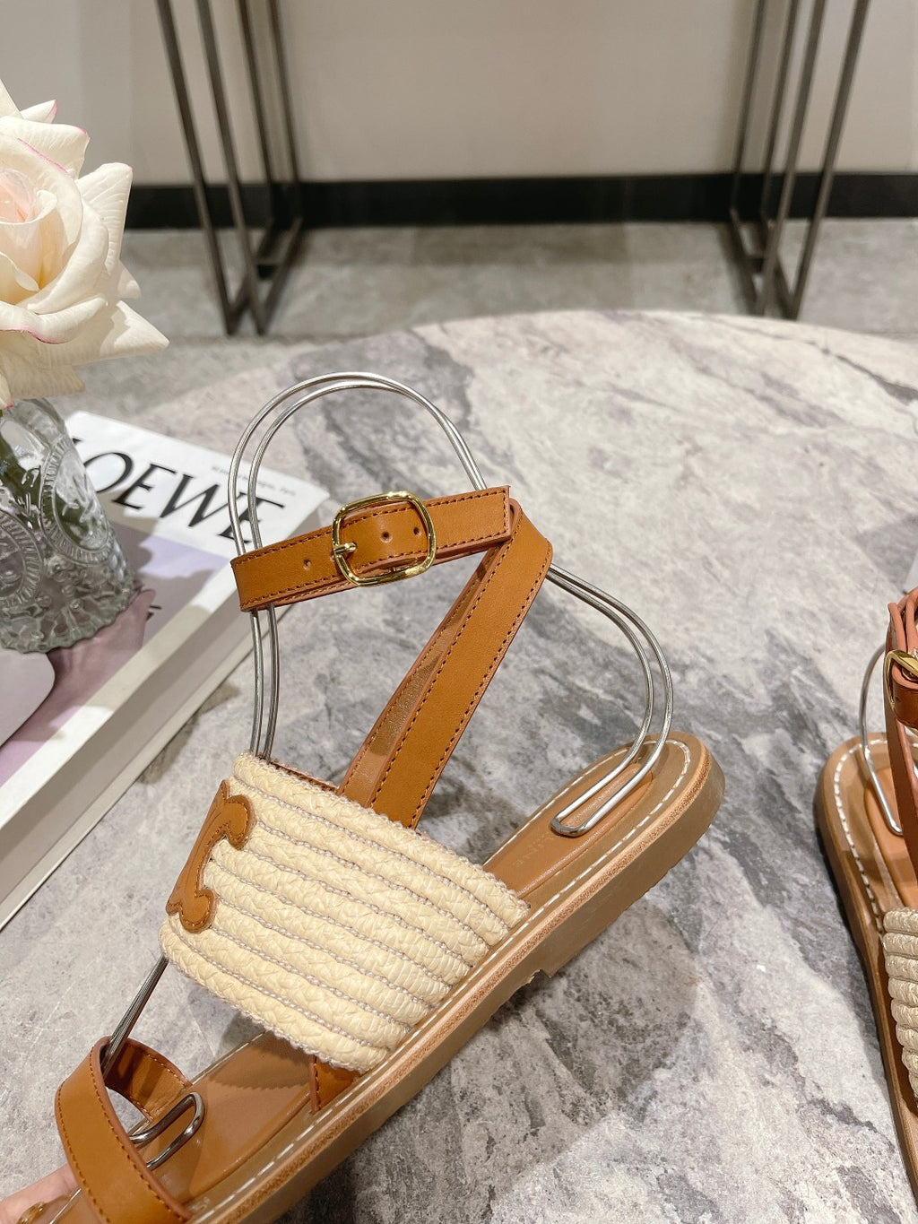 Beige & Tan CL Flat Strap Sandal