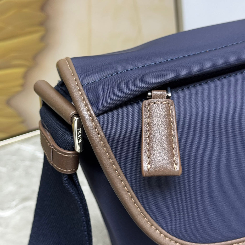 Blue/Coffee Medium Re-Nylon & Leather Shoulder Bag