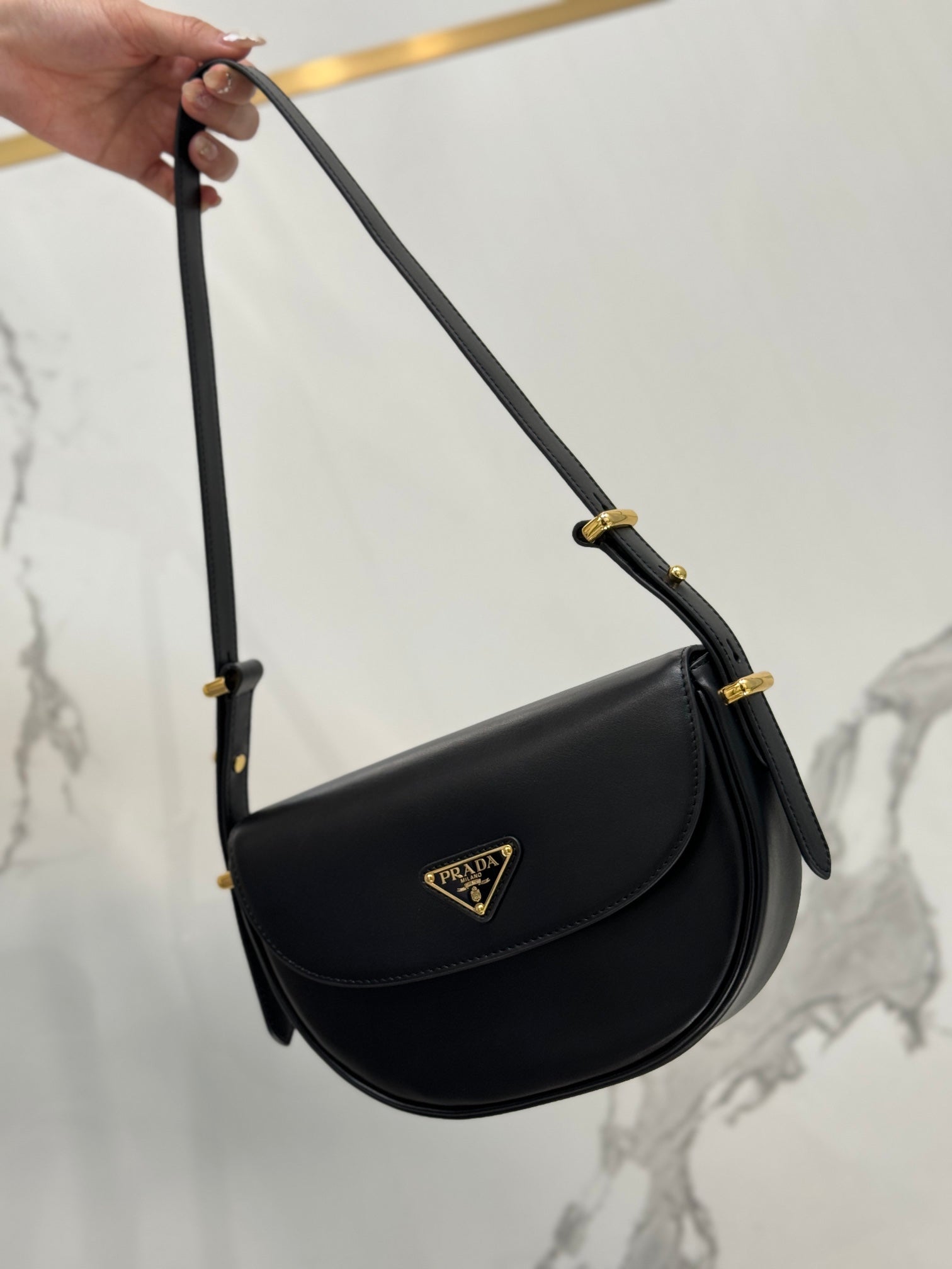 Black PA Leather Shoulder Bag With Flap
