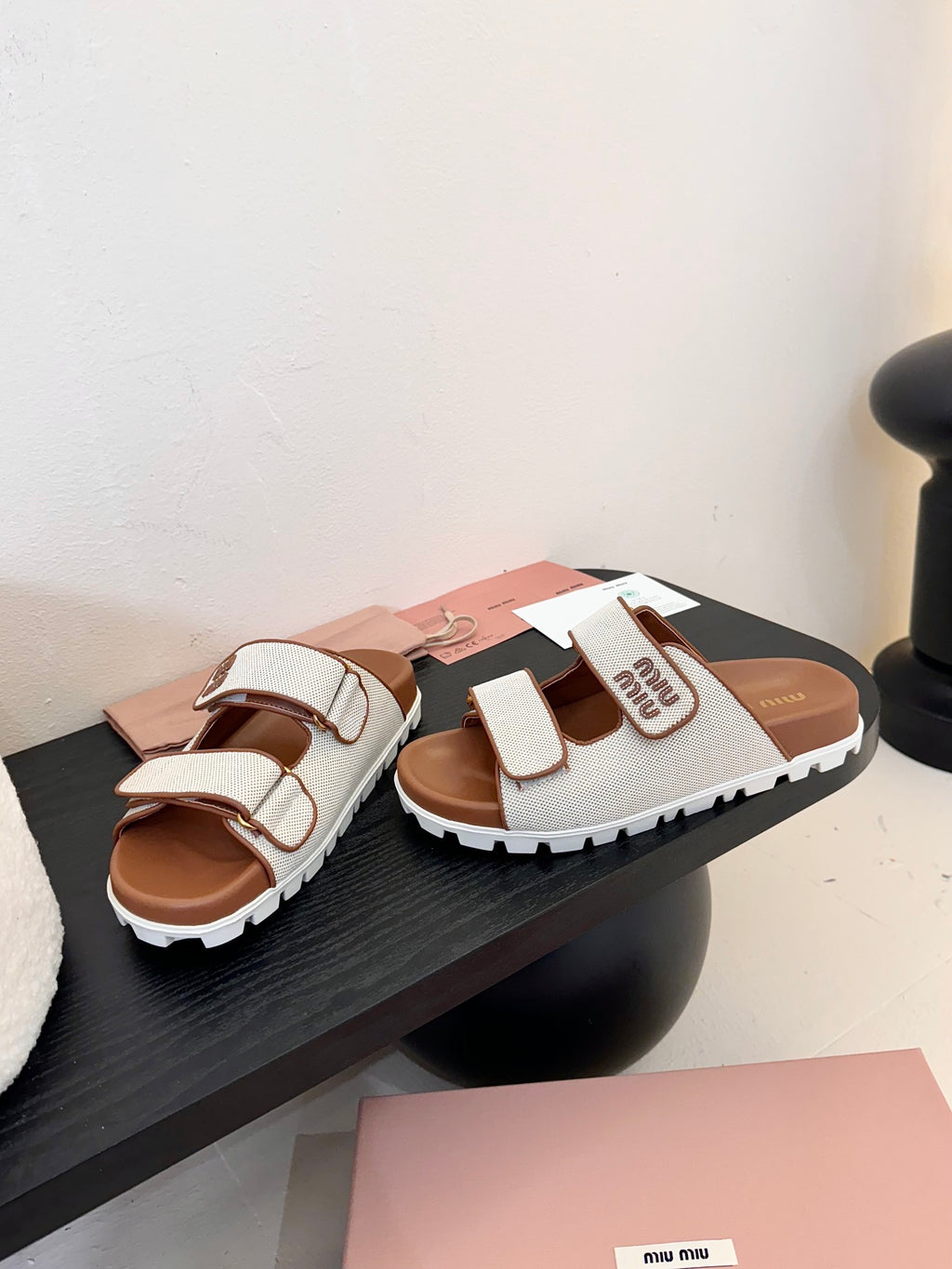 Beige/Brandy Canvas Slides