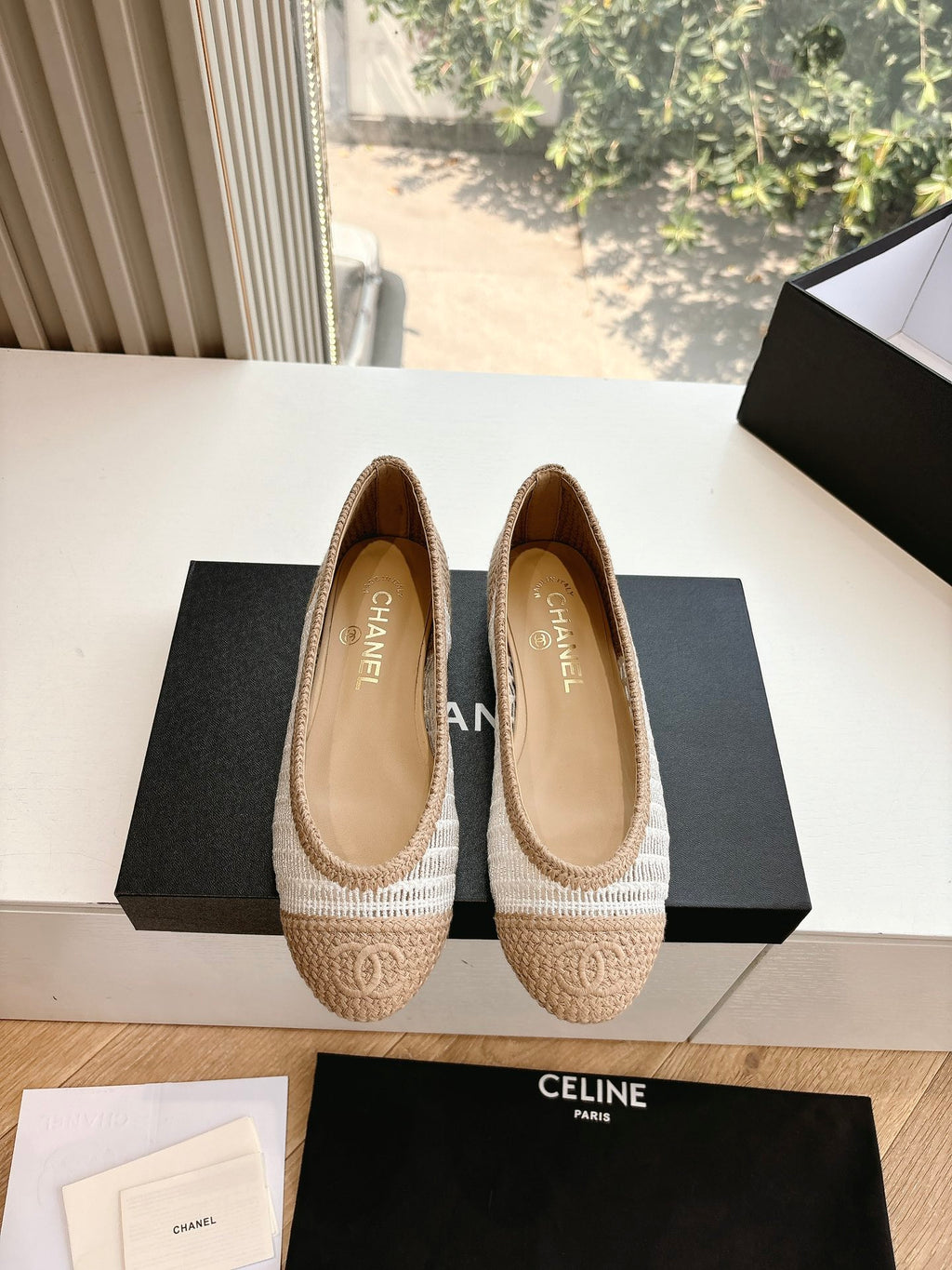 White & Beige Raffia Ballet Flats