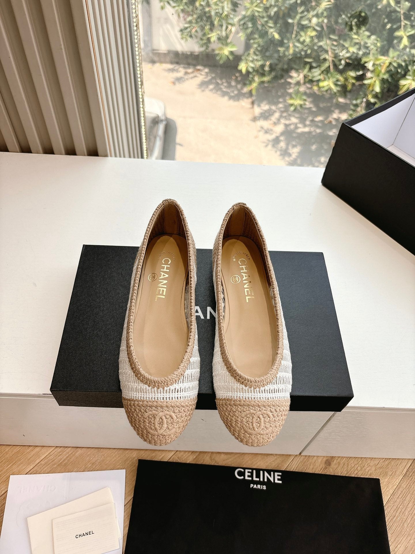 White & Beige Raffia Ballet Flats