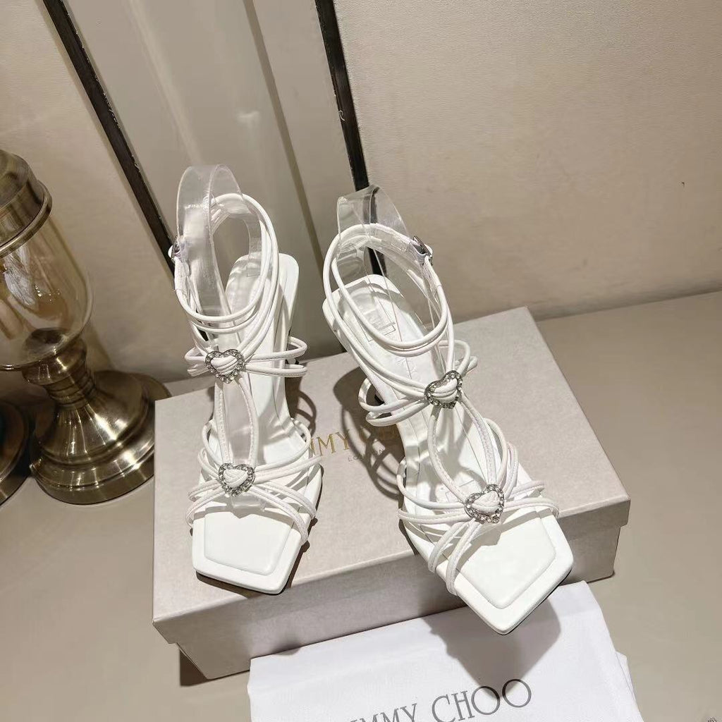 Latte Leather Sandals With Crystal Hearts