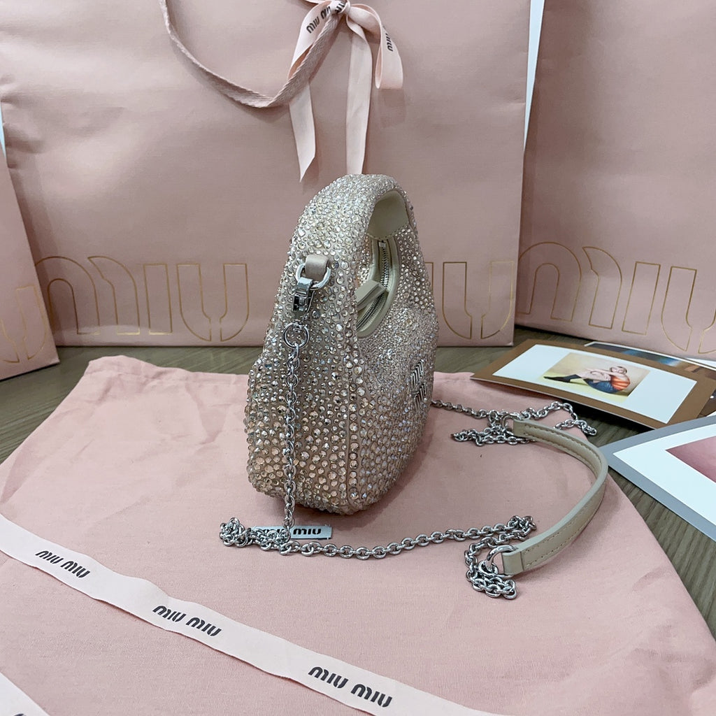 Sand Beige Wander Satin Mini Hobo Bag With Synthetic Crystals