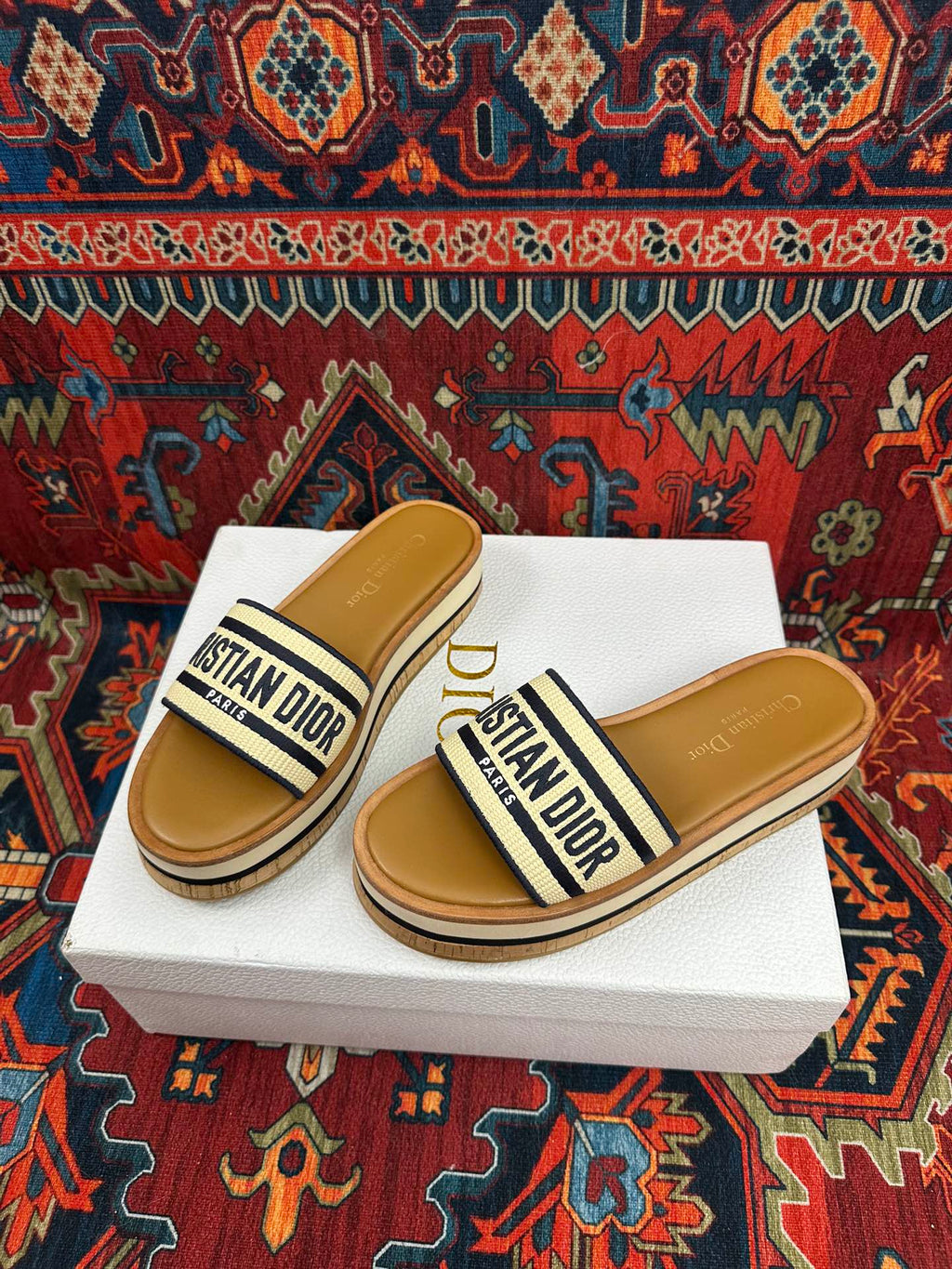 Natural Raffia & Black Embroidered DD Platform Slide