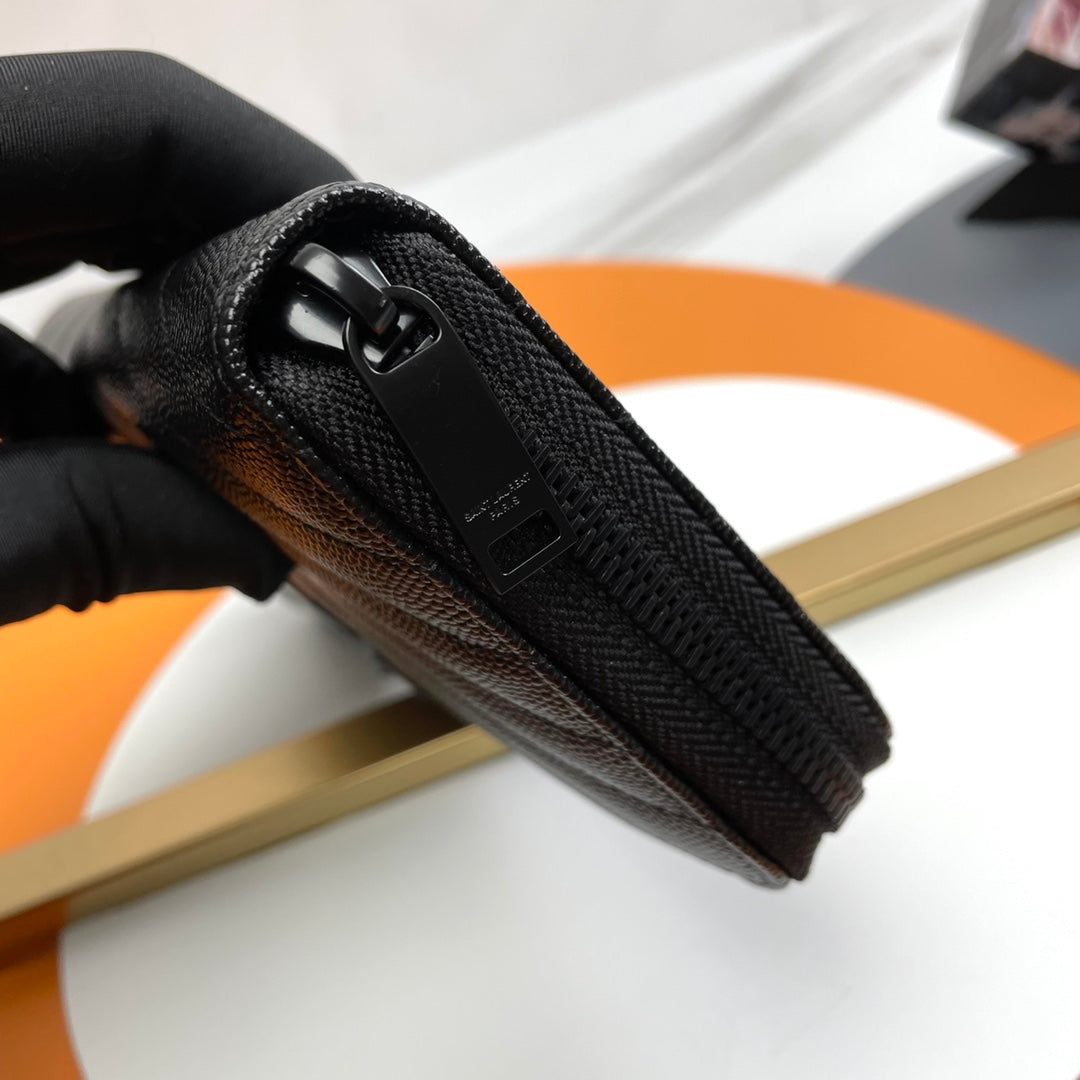 Black Zip-Around Wallet With Gunmetal-Tone Hardware