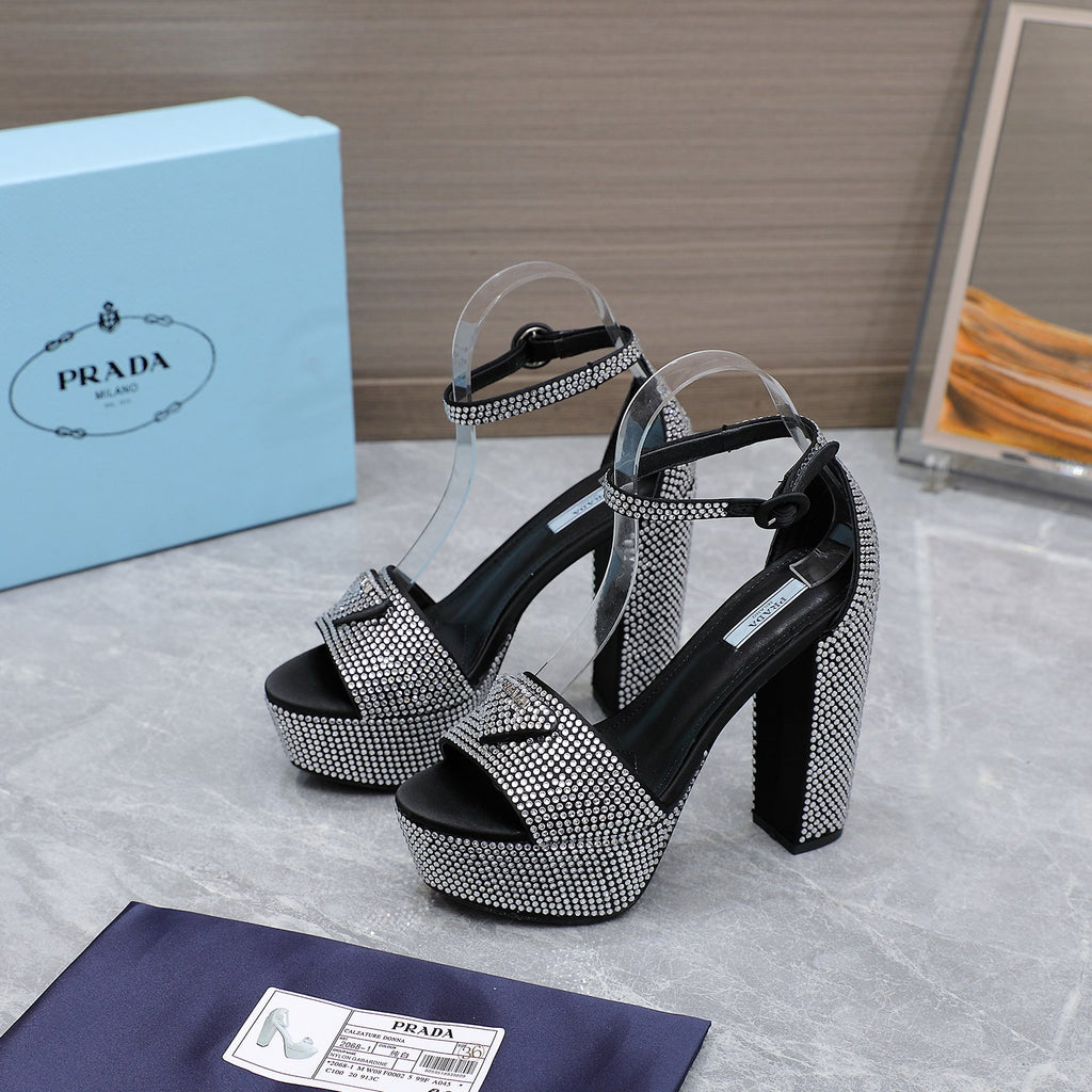 Black Satin Platform Sandals With Crystals