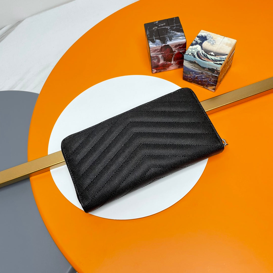 Black Zip-Around Wallet With Silver-Tone Hardware