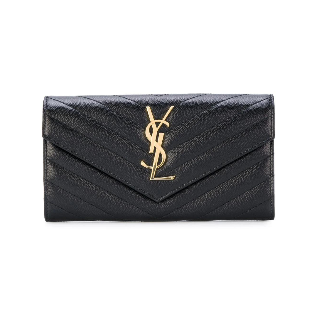 Black Large Flap Wallet With Gold-Tone Hardware