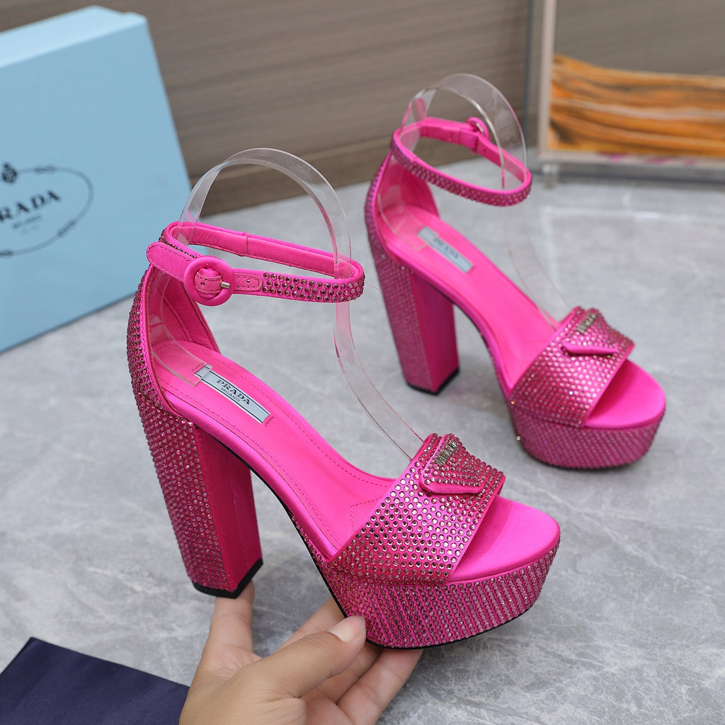 Pink Satin Platform Sandals With Crystals