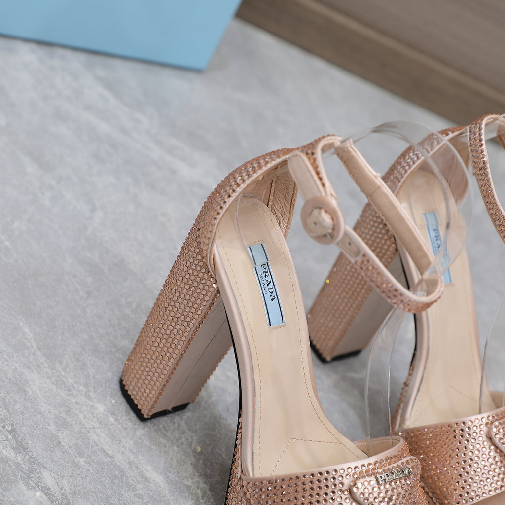 Nude Satin Platform Sandals With Crystals