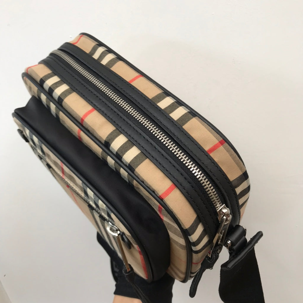 Beige Vintage Check and Leather Crossbody Bag