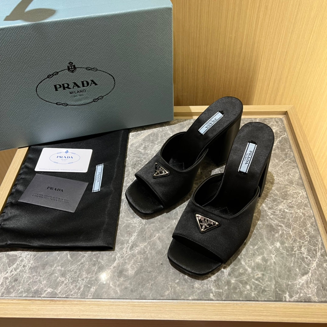 Black High-heeled satin slides