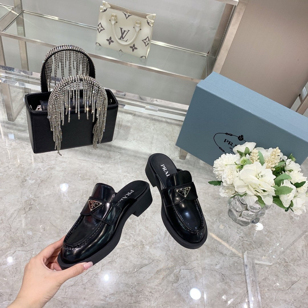 Black Brushed leather mules