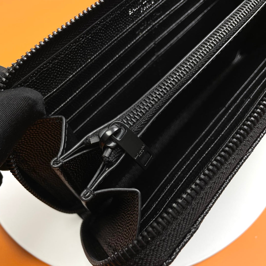 Black Zip-Around Wallet With Gunmetal-Tone Hardware