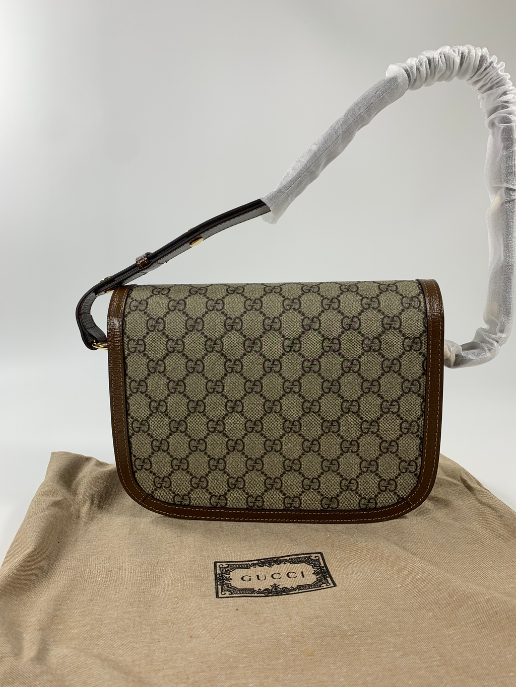 Beige & dark-brown GH medium printed coated-canvas shoulder bag