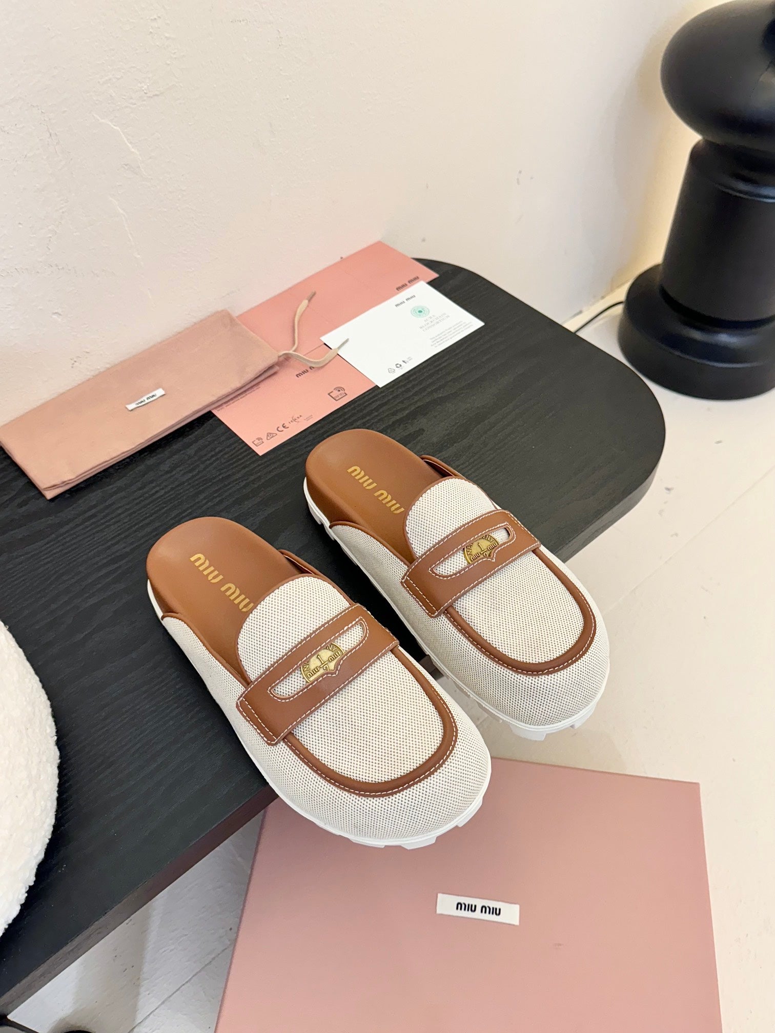 Beige/Brandy Canvas & Leather Mules
