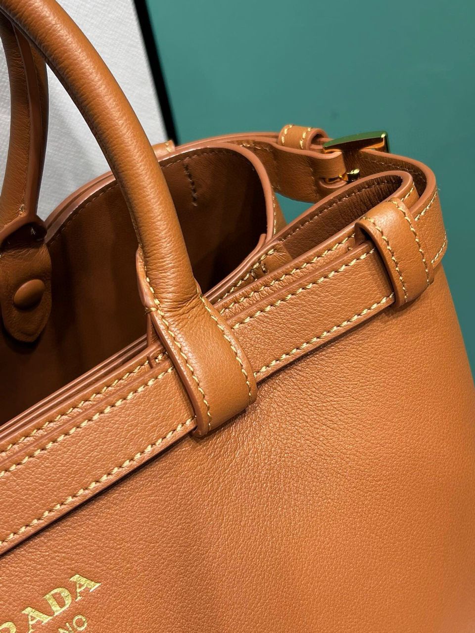 Caramel Buckle Medium Leather Handbag With Double Belt