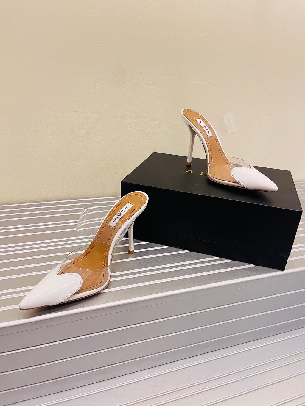 Optic White LC Mules In Patent Leather