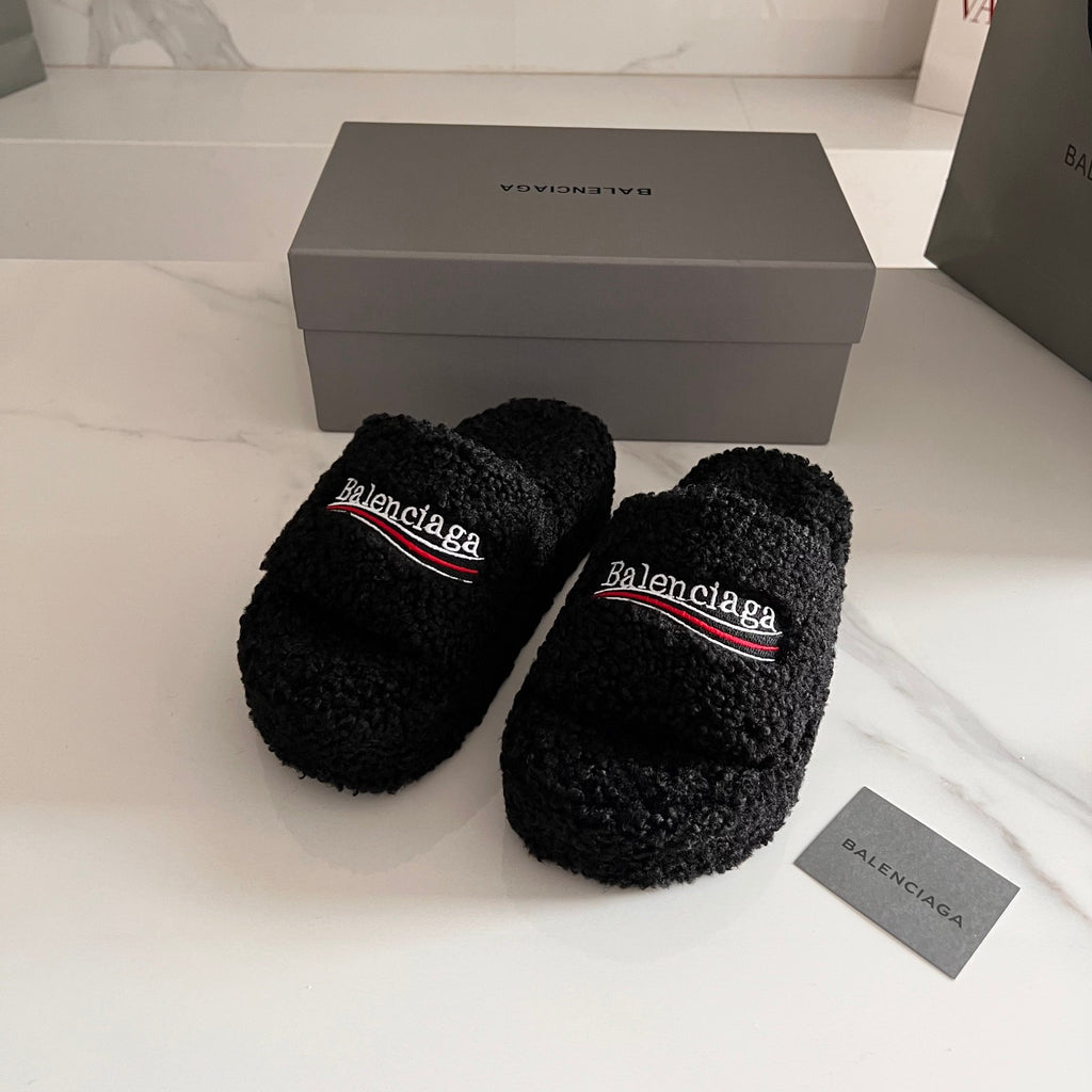 Black Furry Platform Sandal