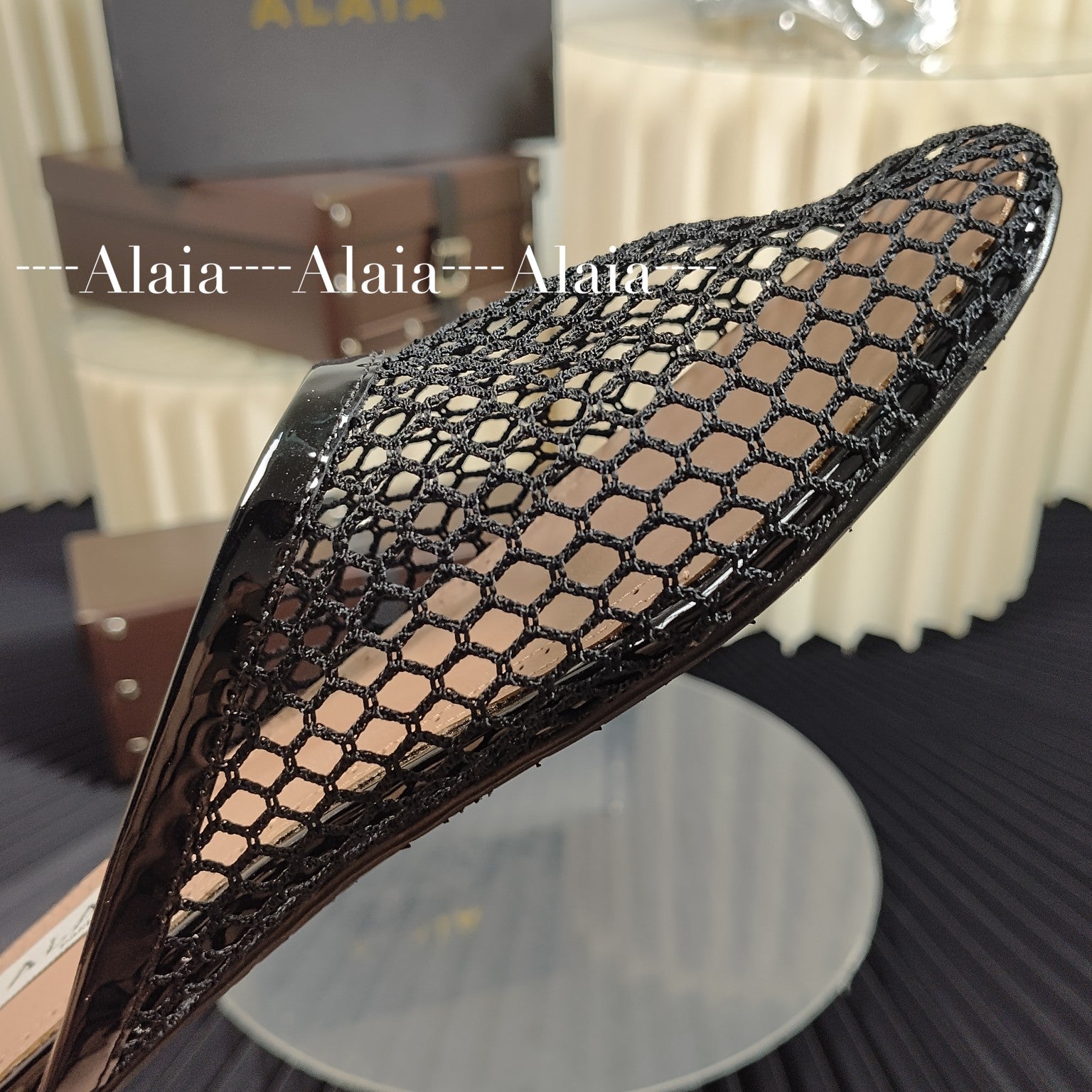 Black Flat Mules In Fishnet