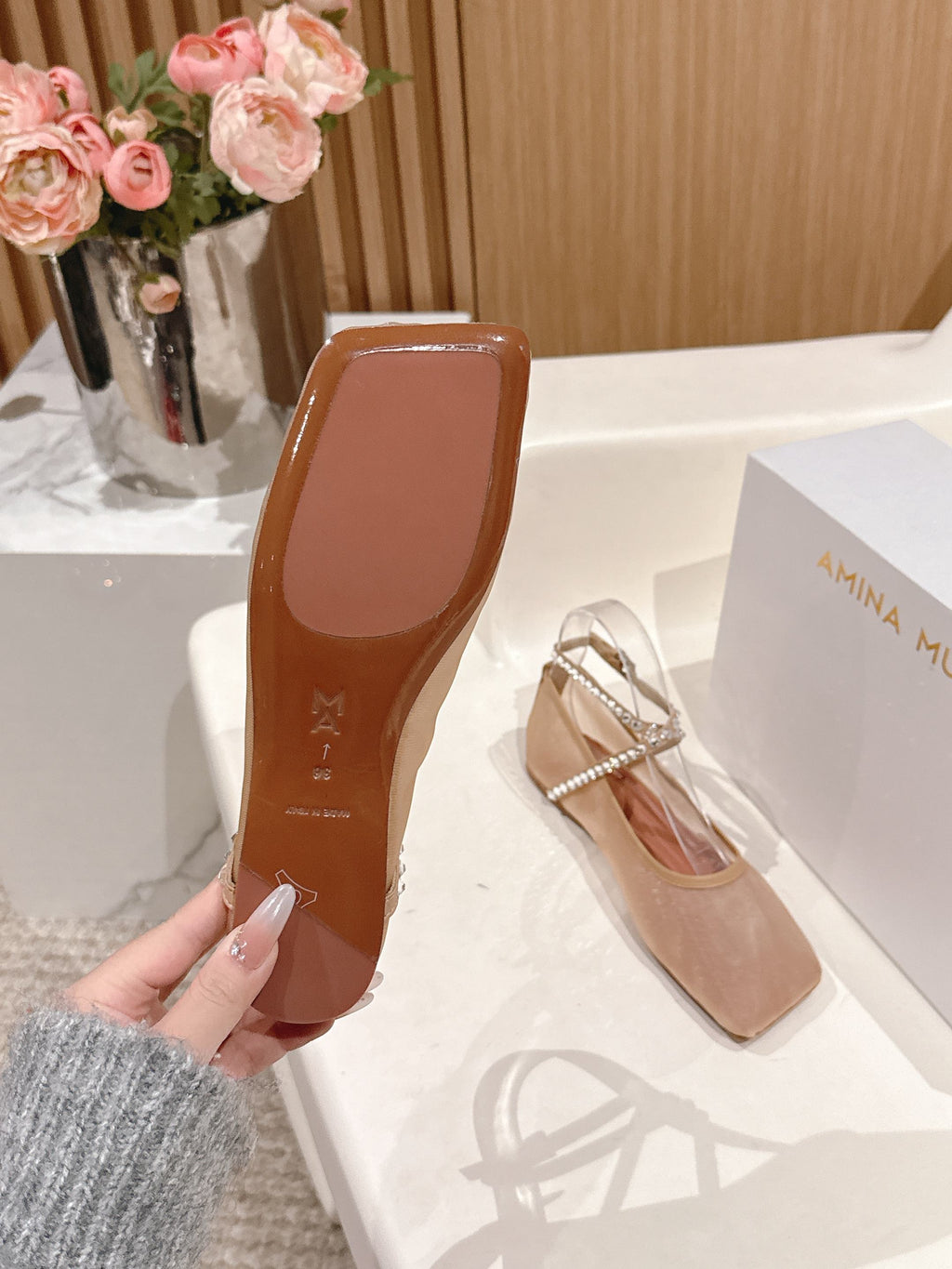 Latte Ane Mesh Crystal Flat