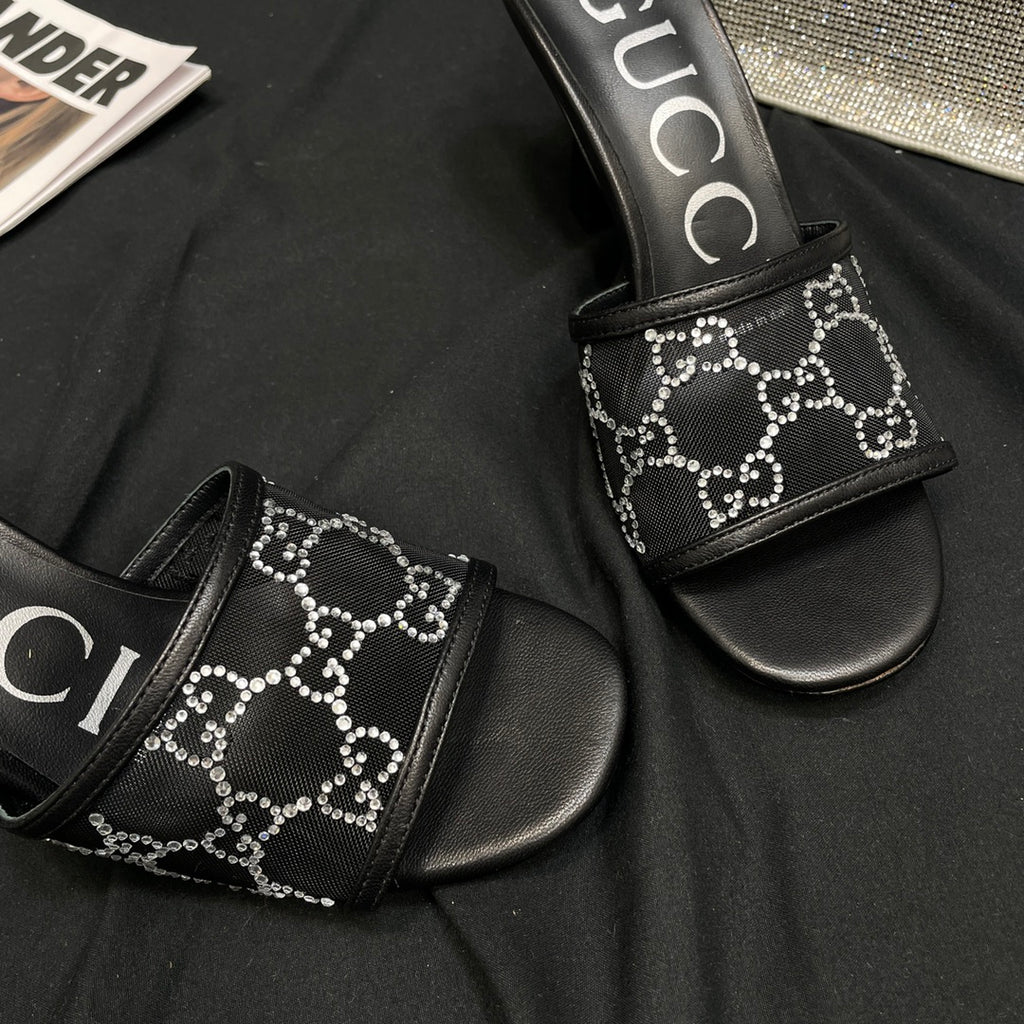 Black GG Mid-Heel Slide Sandal