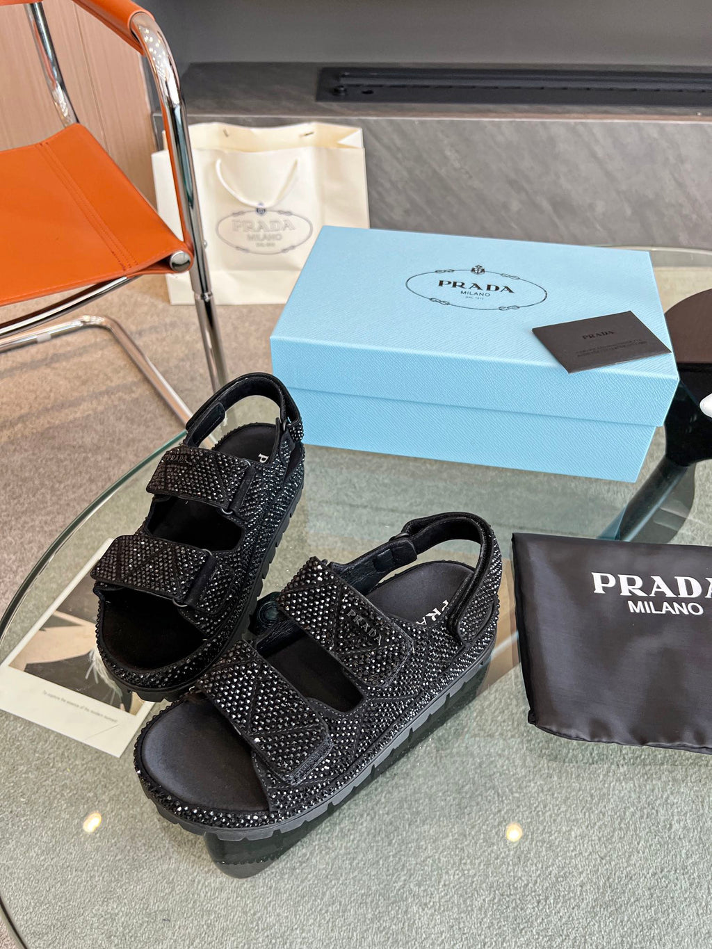 Black P satin sandals with crystals