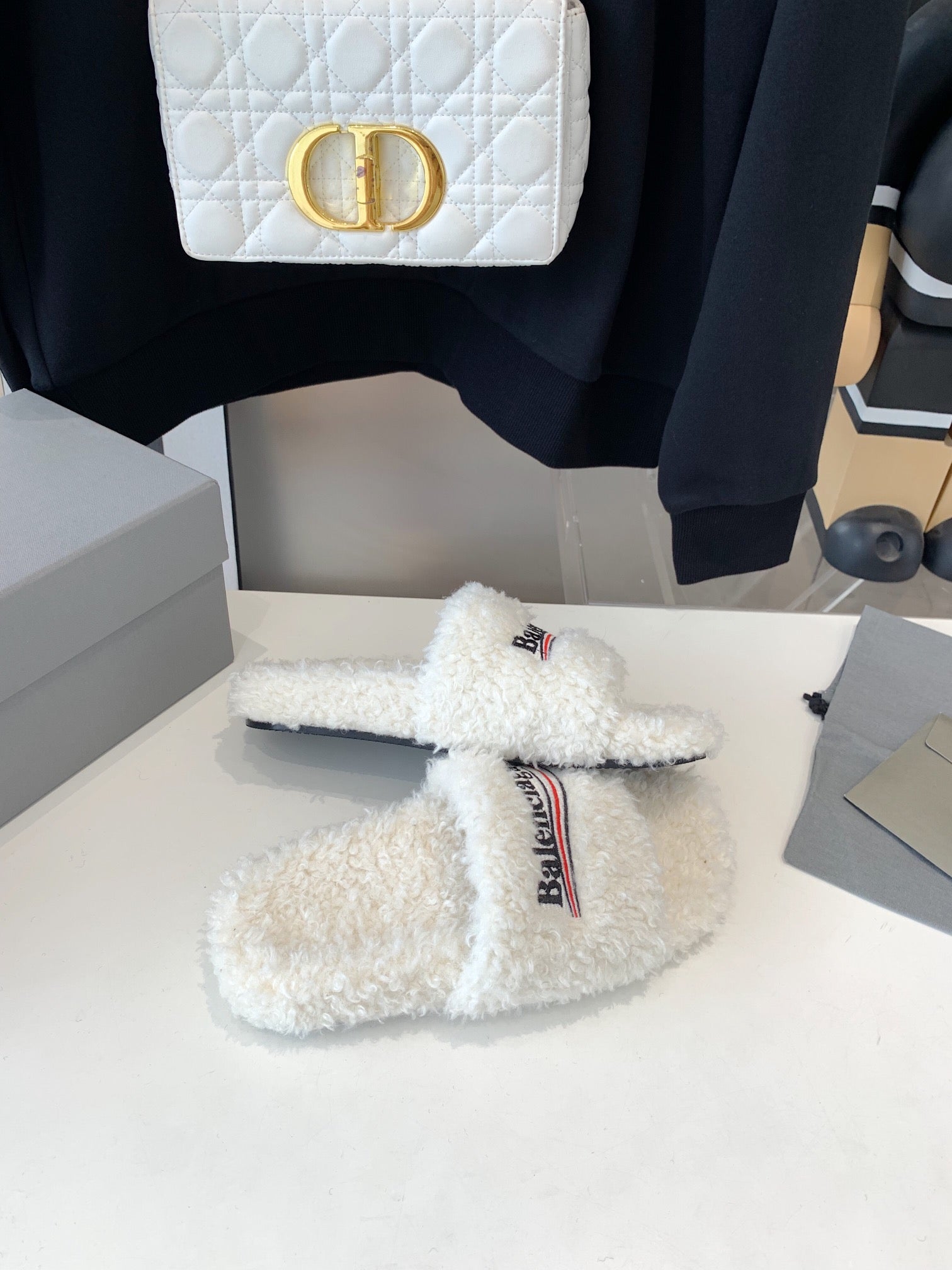 White Furry Slides Slip-On Sandals