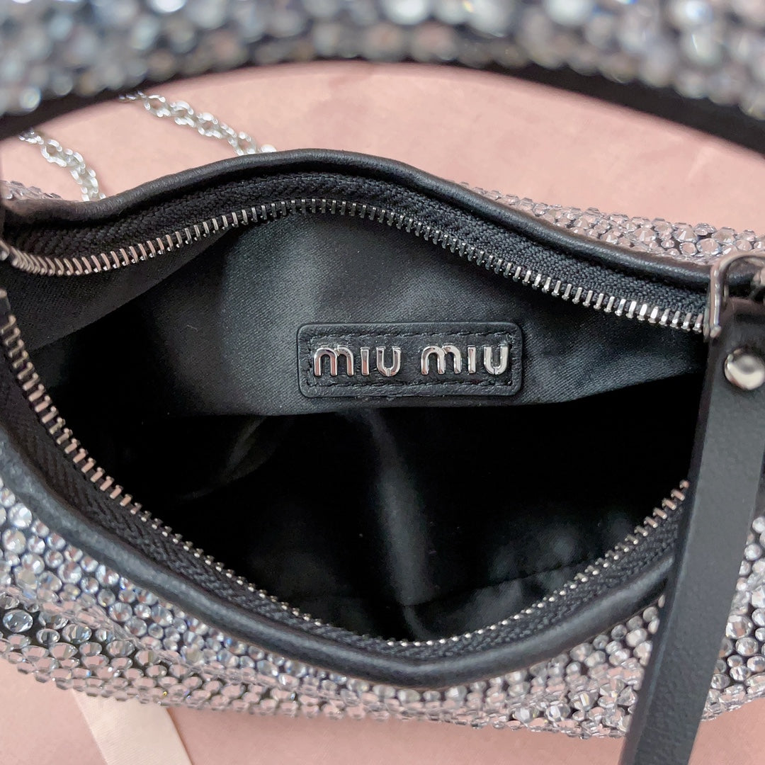 Black Wander Satin Mini Hobo Bag With Synthetic Crystals