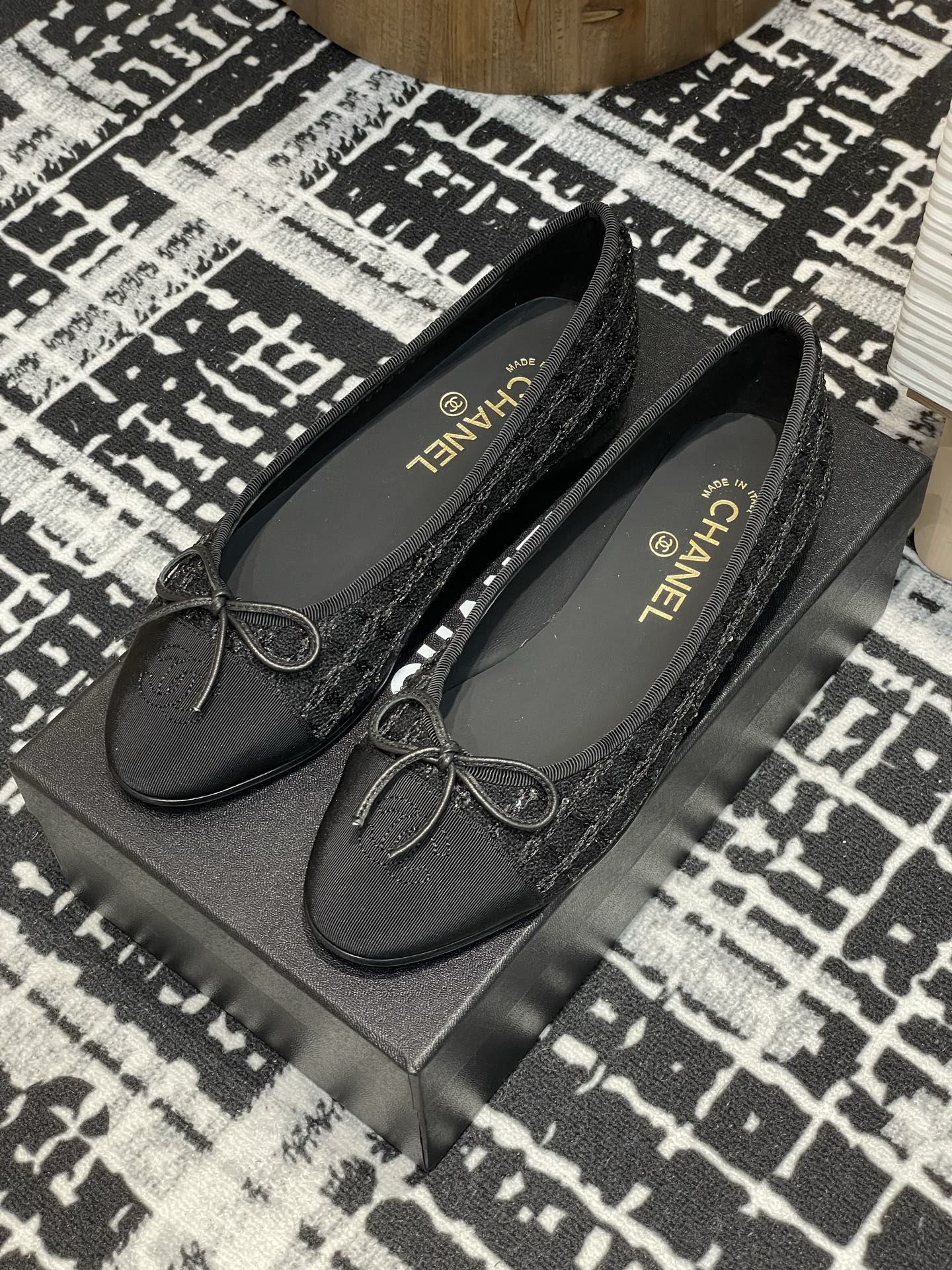 Black Glittered Tweed Ballet Flats