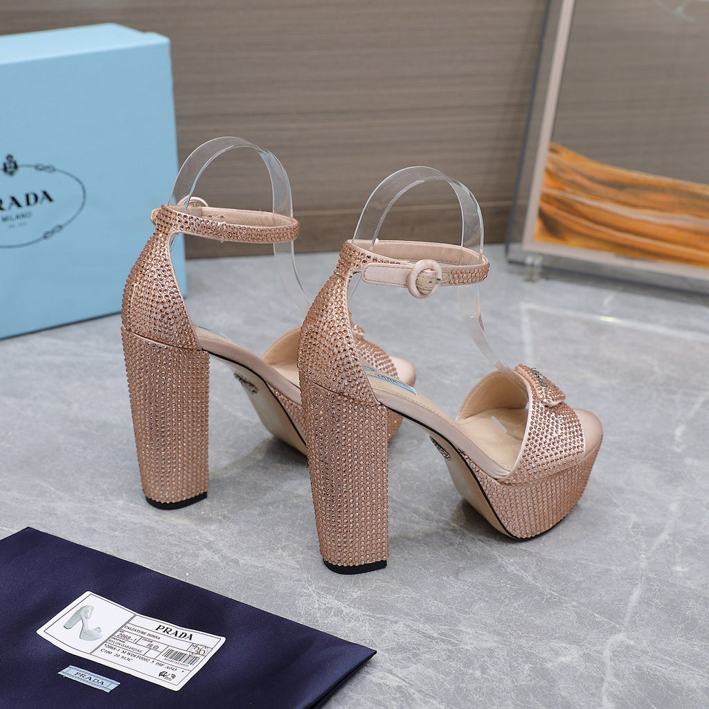 Nude Satin Platform Sandals With Crystals