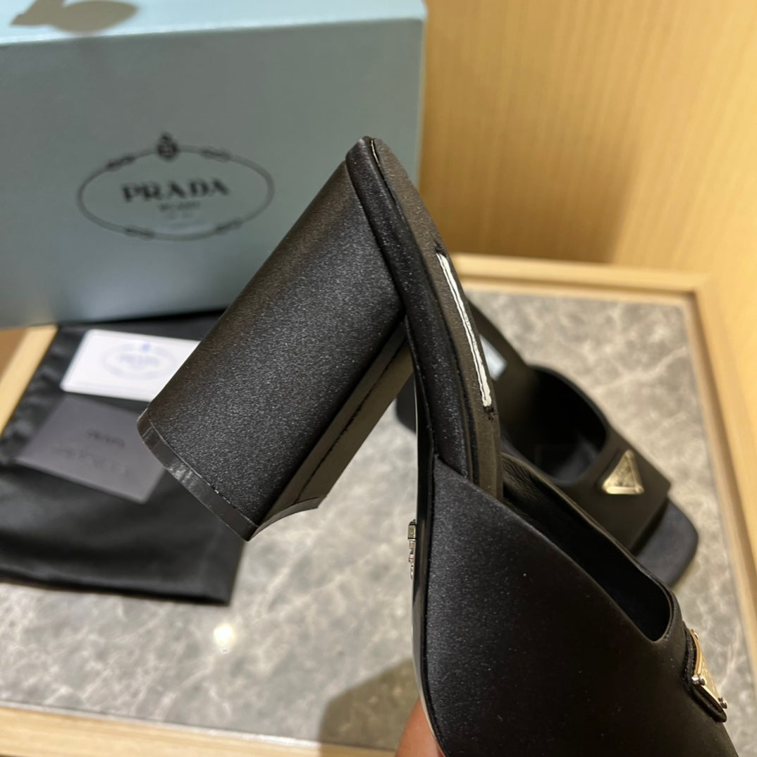 Black High-heeled satin slides