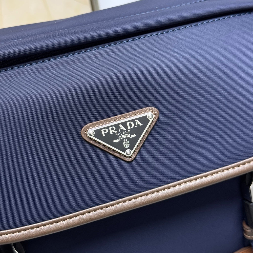 Blue/Coffee Medium Re-Nylon & Leather Shoulder Bag