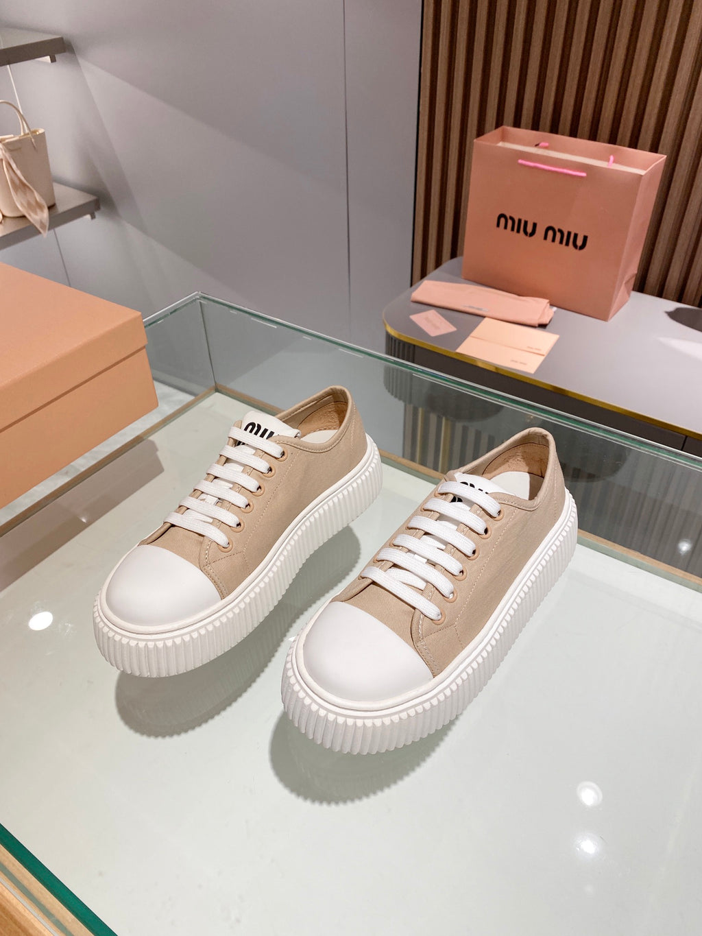 Beige denim sneakers