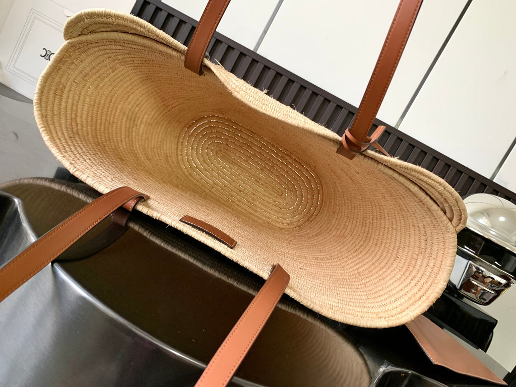 Tan Classic Panier Medium Braided In Raffia & Leather