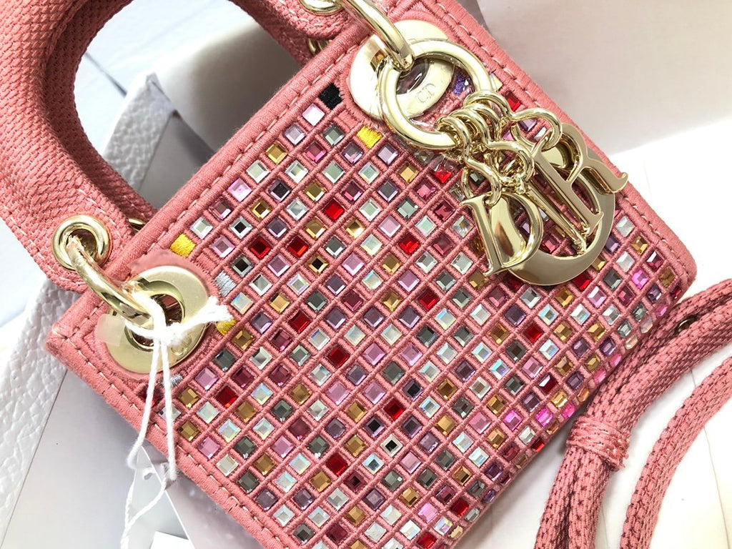 Dark Pink Canvas Micro LD Bag With Multicolor Crystals