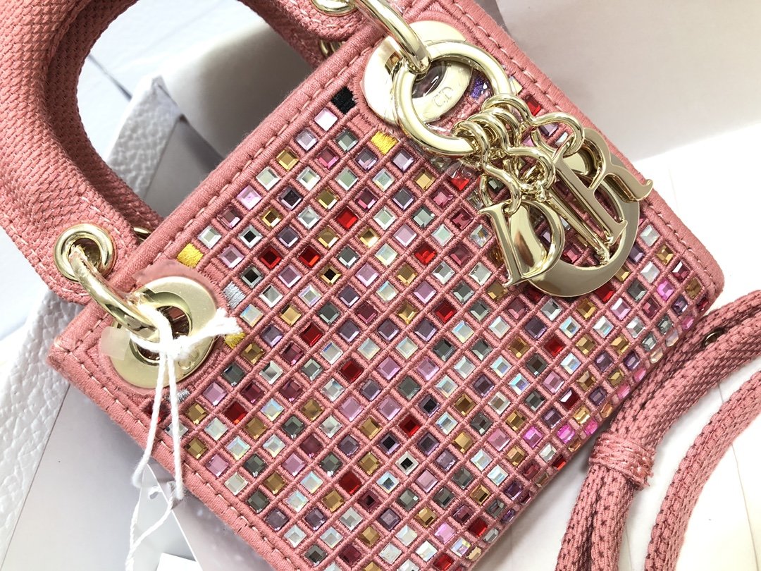 Dark Pink Canvas Micro LD Bag With Multicolor Crystals
