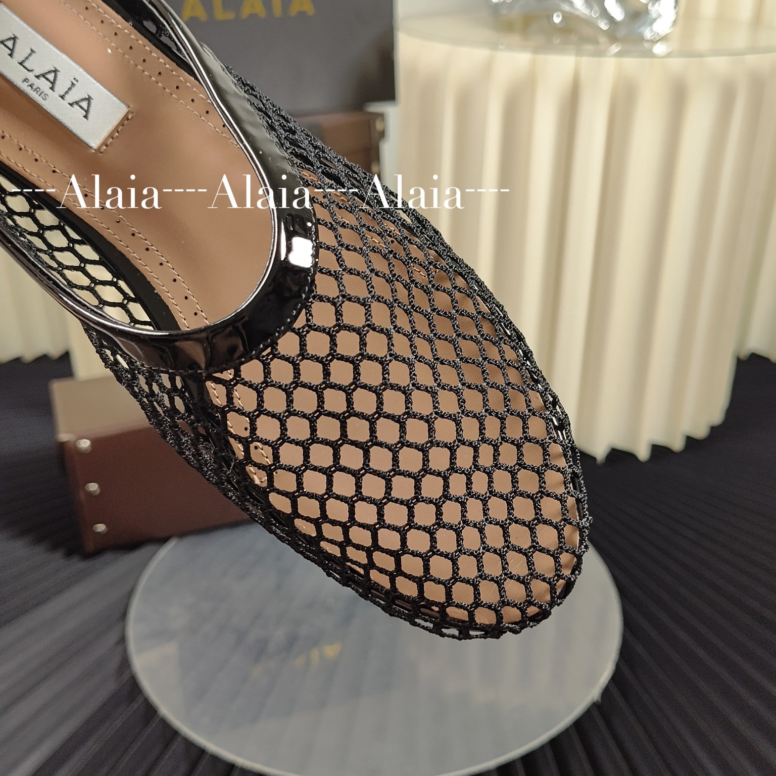 Black Flat Mules In Fishnet