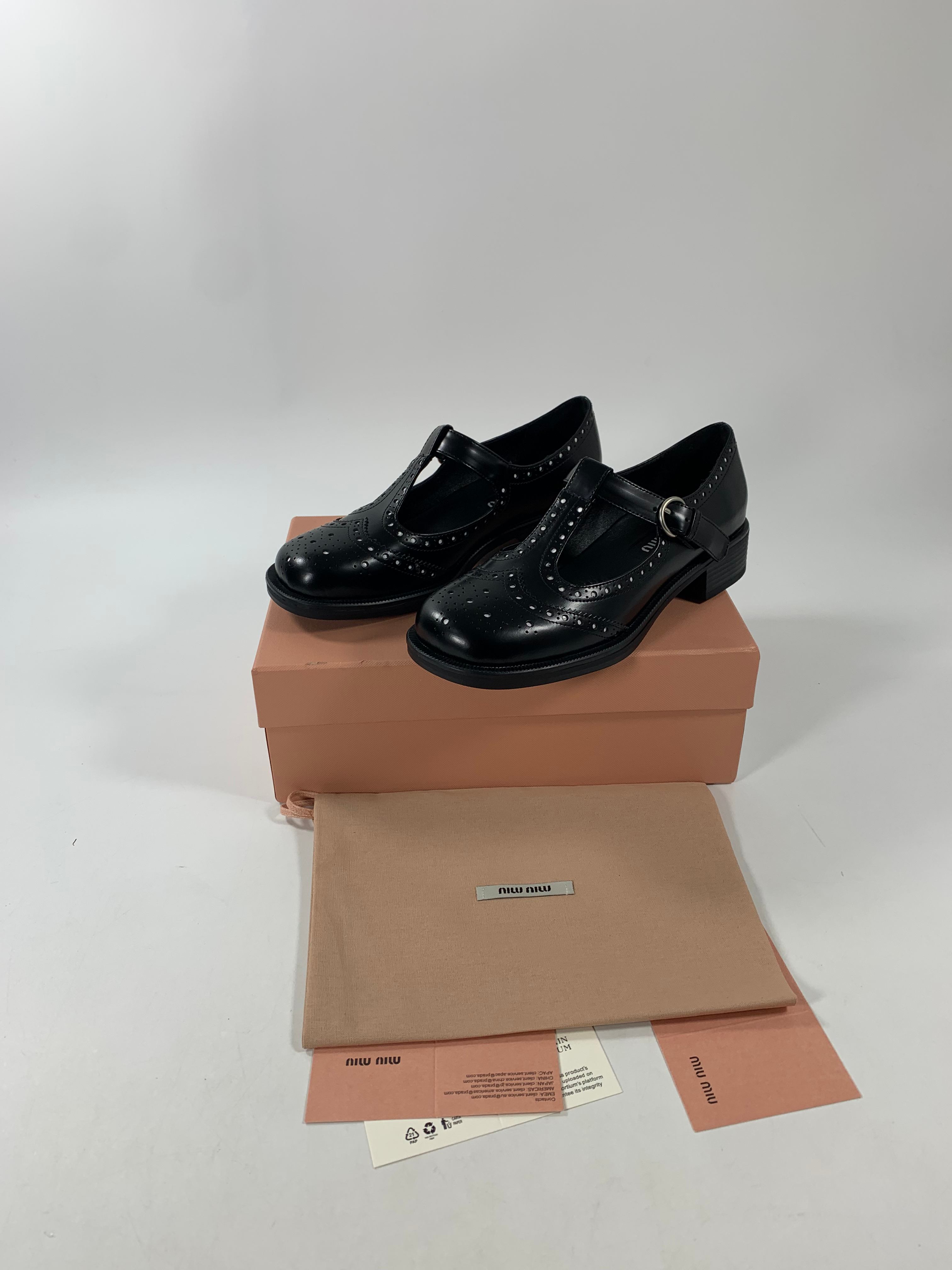 Black Brushed Leather T-Strap Brogue Shoes