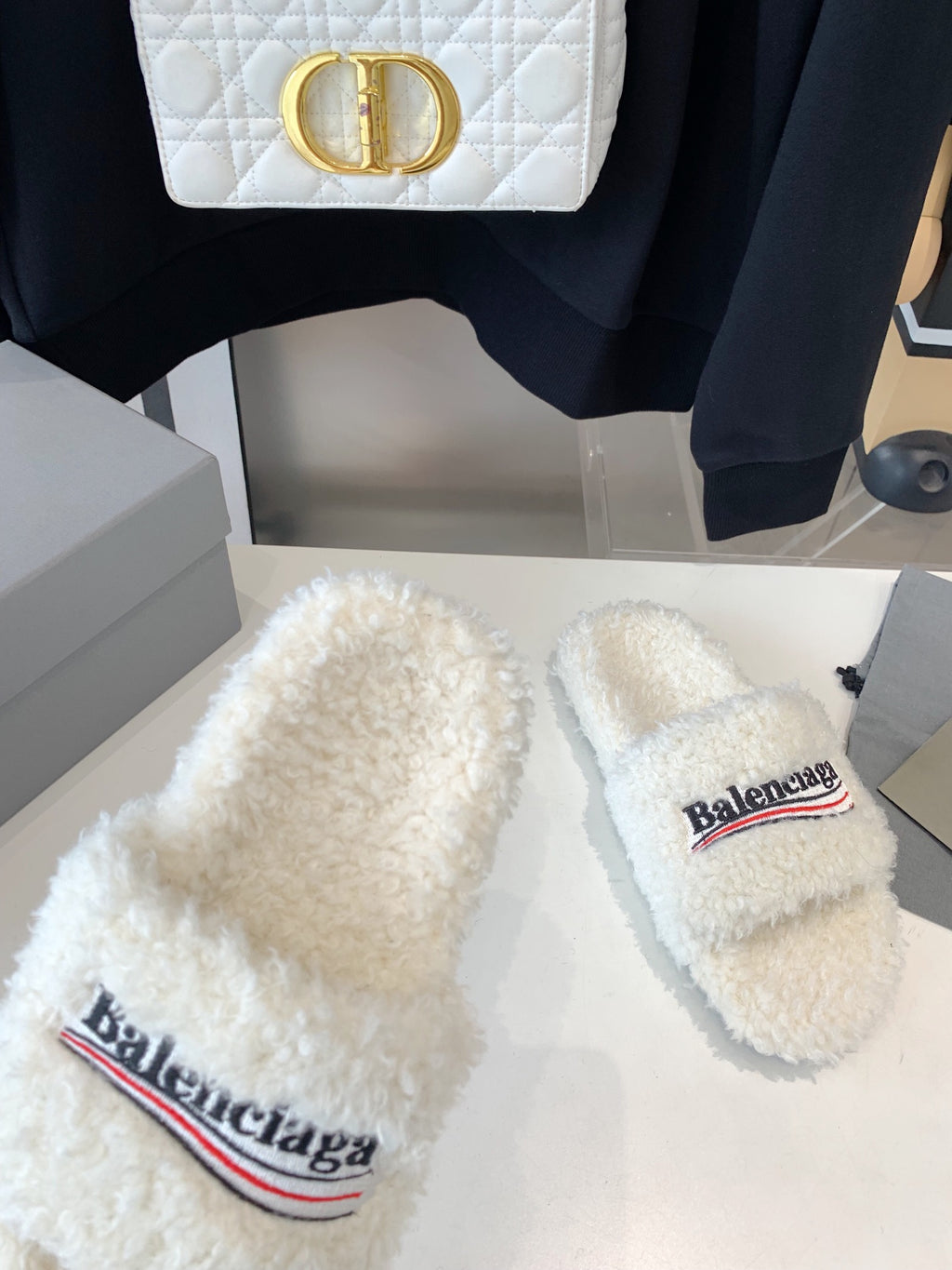 White Furry Slides Slip-On Sandals