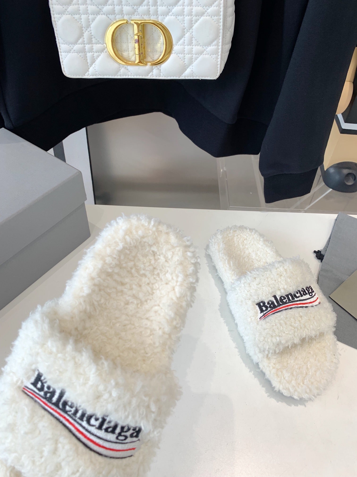 White Furry Slides Slip-On Sandals