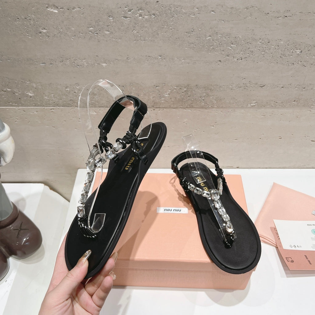 Crystal/Black Cotton Cord Thong Sandals