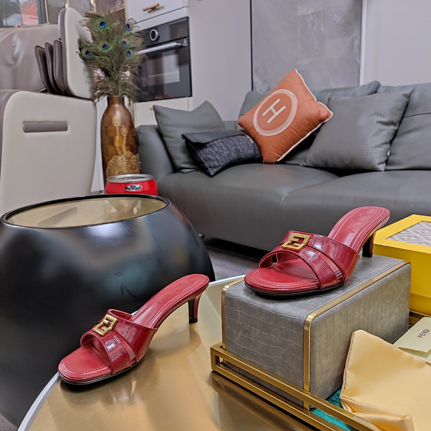 Red Leather Medium-Heeled Sandals